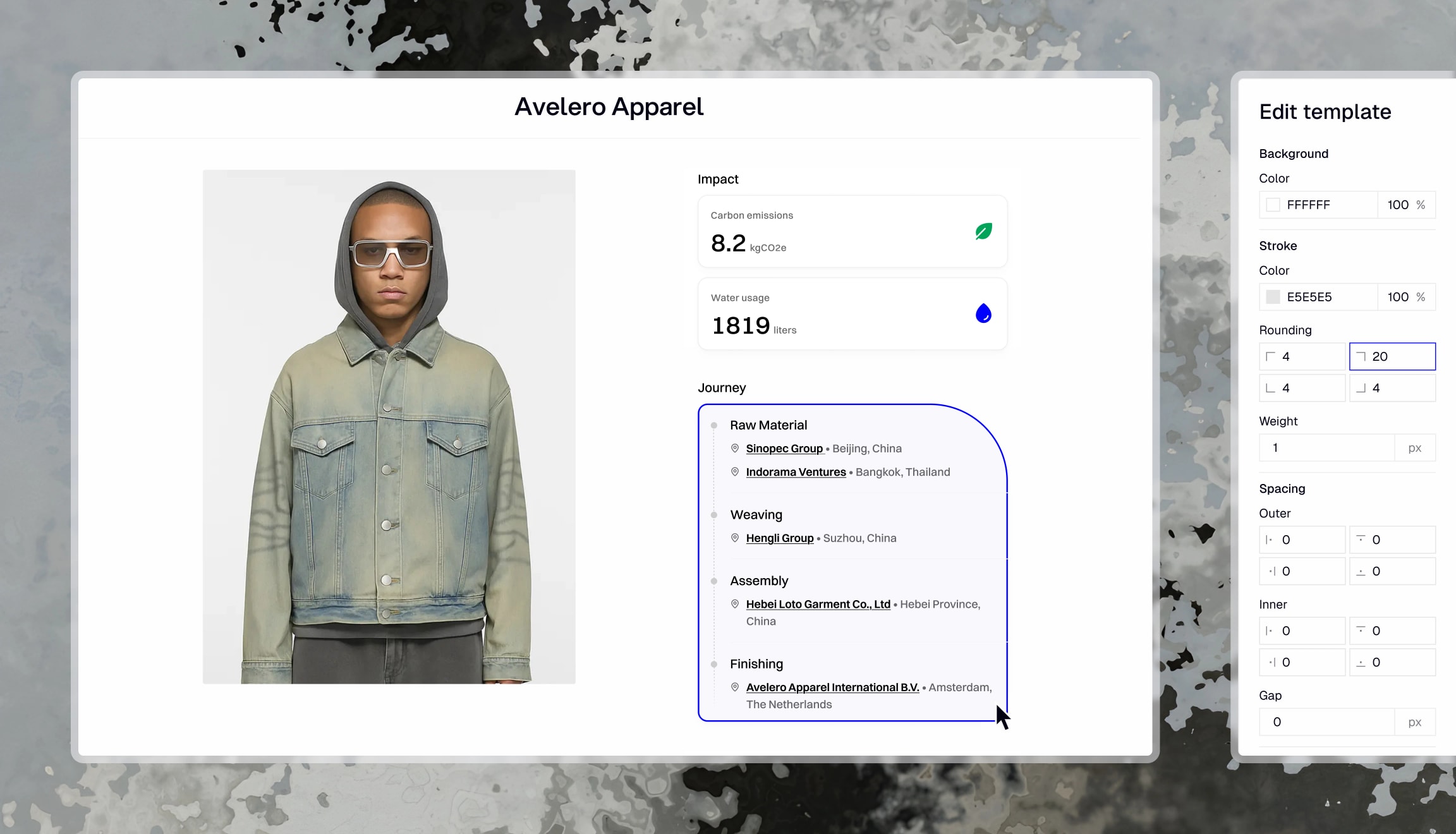 Passport designer interface showing customizable template with modular content sections, brand controls, and layout options